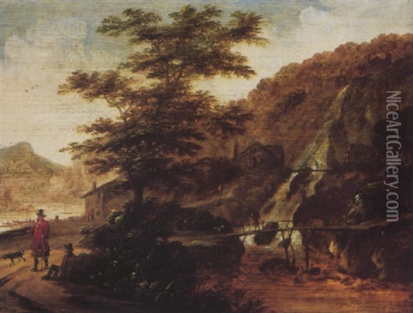 A Wooded River Landscape With Travellers On A Path, Mountains Beyond Oil Painting - Claes Jansz van der Willigen