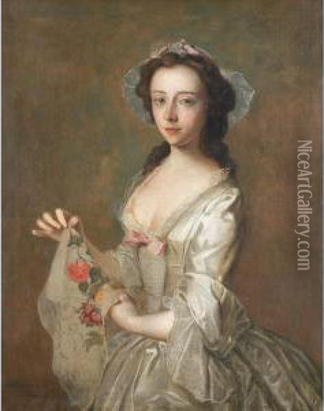 Lady Holding A Floweredscarf Oil Painting - Philippe Mercier