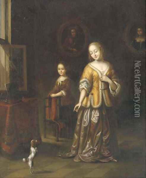 A lady in an elegant interior with a dog and a maid Oil Painting - Gerard Ter Borch