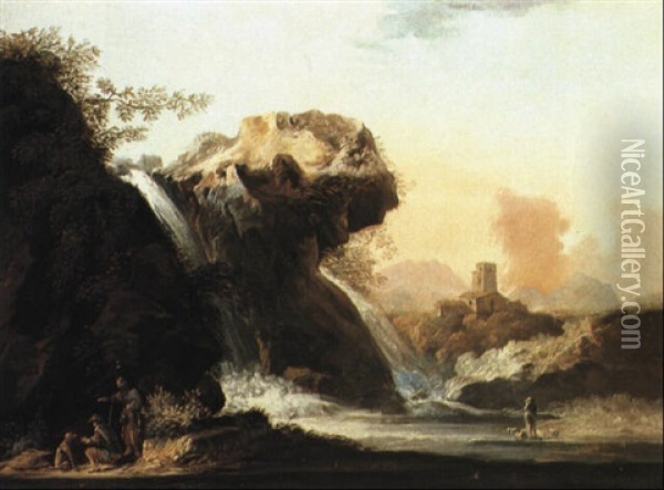 Grande Paesaggio Con Cascate Tra Le Rocce, Figure E Cane Oil Painting - Alessio De Marchis
