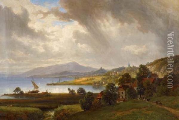 Landschaft Am Neuenburgersee Von Cortaillod Aus. Oil Painting - Jakob Joseph Zelger