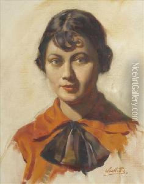 A Young Woman,head And Shoulders, Wearing Orange Blouse And Brown Bow Oil Painting - Edgar Woollatt
