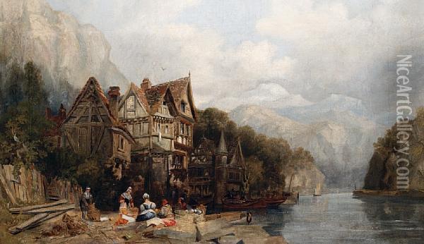 A River Landscape With Figures Mending Nets Inthe Foreground Oil Painting - George Clarkson Stanfield