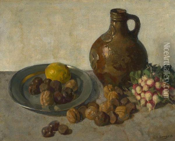 Still Life With Earthenware Jug, Radishes And Fruit On A Tin Platter Oil Painting - Berend Adrianus Bongers