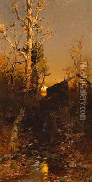 Rivermill At Sunset (+ Midday Landscape; 2 Works) Oil Painting - George Herbert McCord