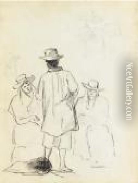 Two Seated Women Conversing With A Man Seen From Behind Oil Painting - Camille Pissarro