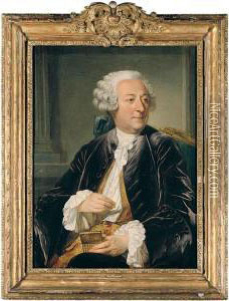 Portrait Of A Gentleman, Half 
Length Seated, Wearing A Purple Velvet Jacket And Holding A Snuffbox Oil Painting - Jacques Andre Joseph Aved