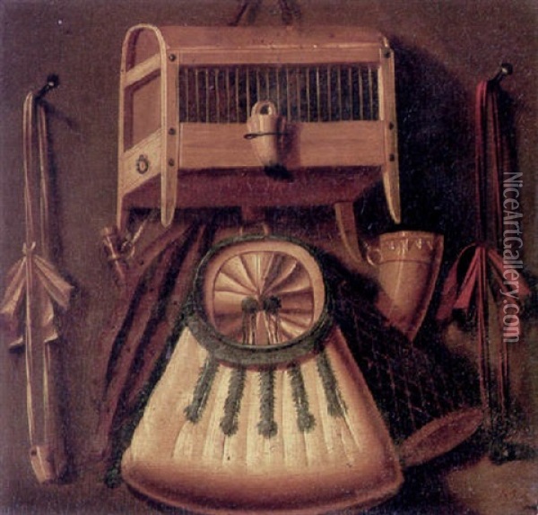 A Trompe L'oeil With A Powder Horn, A Gunpowder Pouch And Other Hunting Equipment Hanging Beside A Birdcage Oil Painting - Johannes Leemans