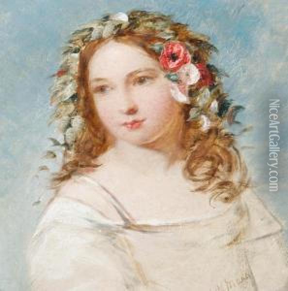 Girl With Flowers In Her Hair Oil Painting - Joshua Hargrave Sams Mann