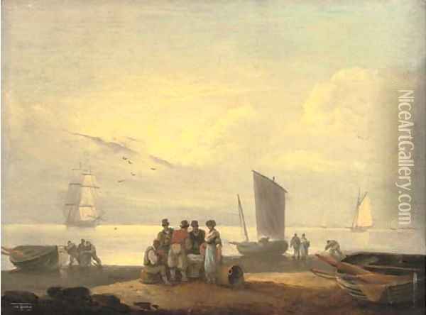 Coastal scene with fishermen on a beach in the foreground and sailing boats beyond Oil Painting - Thomas Luny