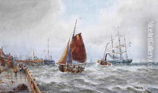 Fishing Boat And Other Vessels By A Harbour Oil Painting - Thomas Bush Hardy