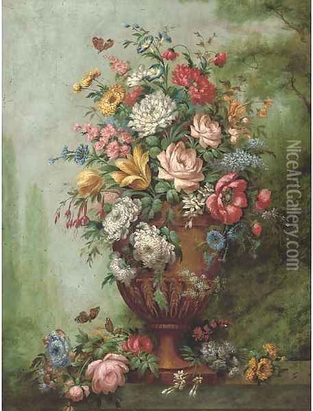 Roses, carnations, poppies, morning glory, chrysanthemums and other flowers in a sculpted urn on a stone ledge Oil Painting - Jan van Os