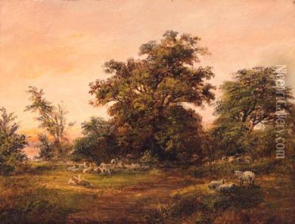 Sheep Grazing At The Edge Of A Copse; And The Blackberrypickers Oil Painting - Robert Burrows