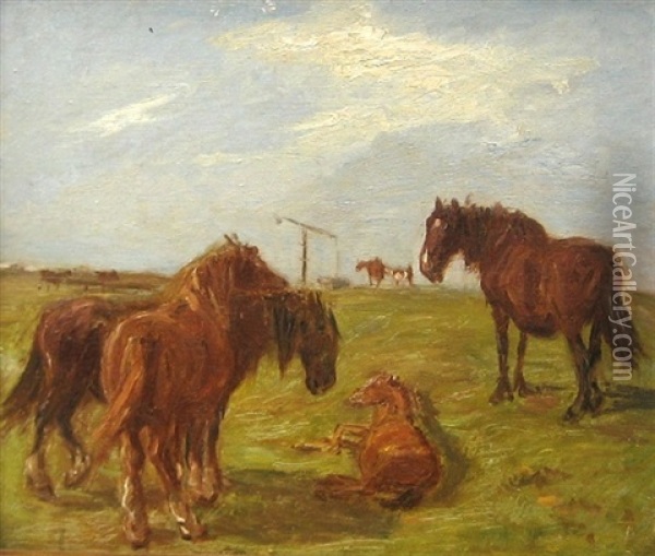 En Gruppe Heste Ved Gammelgaards Brond, Saltholm Oil Painting - Theodor Philipsen