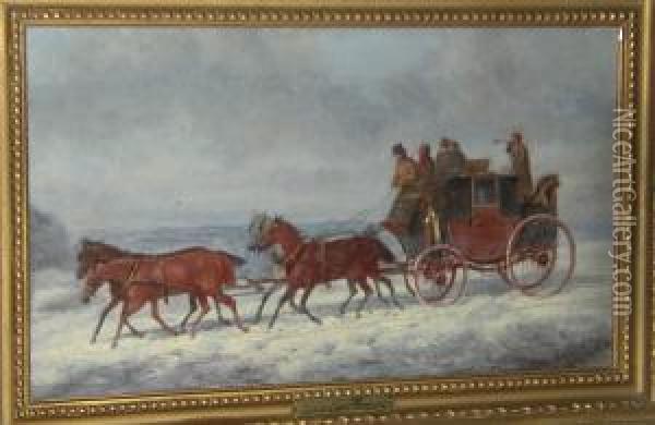 Coach Travelling In The Snow Oil Painting - Charles Cooper Henderson