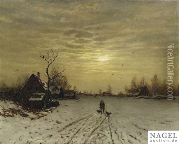 Wintry Landscape At Evening Light With A Huntsman Oil Painting - Friedrich Josef Nicolai Heydendahl