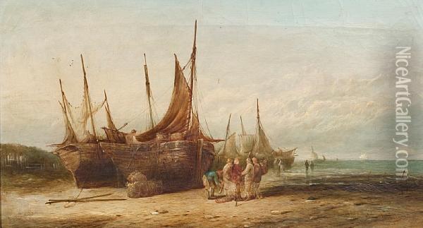 Fishing Boats On The Shore Oil Painting - George D. Callow