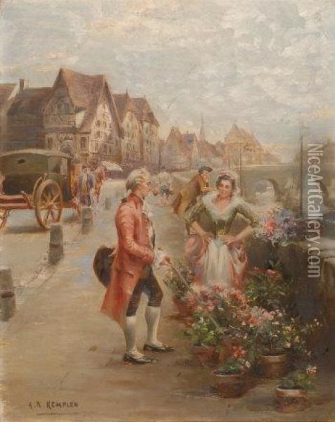 British. The Flower Seller Oil Painting - Alfred R Kemplen