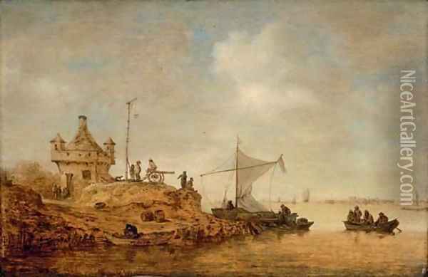 A river landscape with a ferry crossing and peasants by a cannon Oil Painting - Jan van Goyen