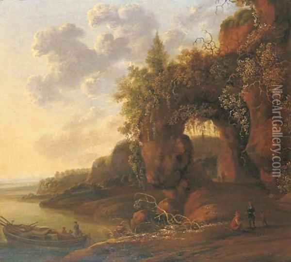 A mountainous river landscape with travellers on a path in the foreground by a moored boat Oil Painting - Jan Gabrielsz. Sonje