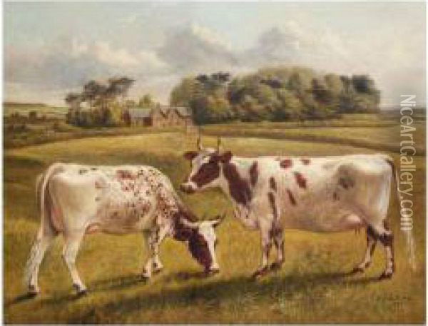 Pinky Ii And Polly Ii, Two Prize Pedigree Ayrshire Cows In A Spring Landscape Oil Painting - Benjamin Cam Norton