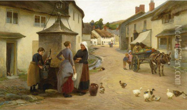 Village Gossips In Beer, South Devon Oil Painting - Henry Garland