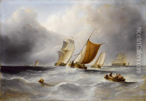 Segelschiffe Und Ruderboot In Sturmischer See Oil Painting - Louis Verboeckhoven