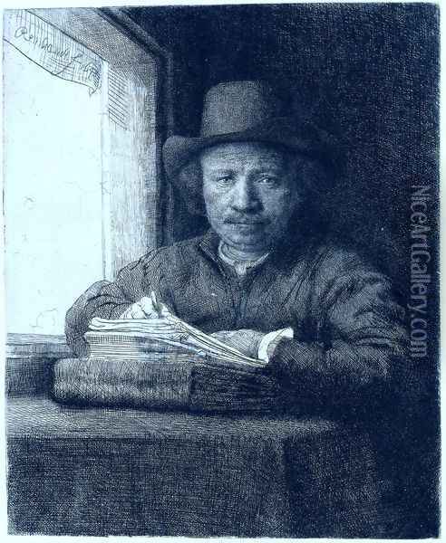 Rembrandt drawing at a window Oil Painting - Harmenszoon van Rijn Rembrandt