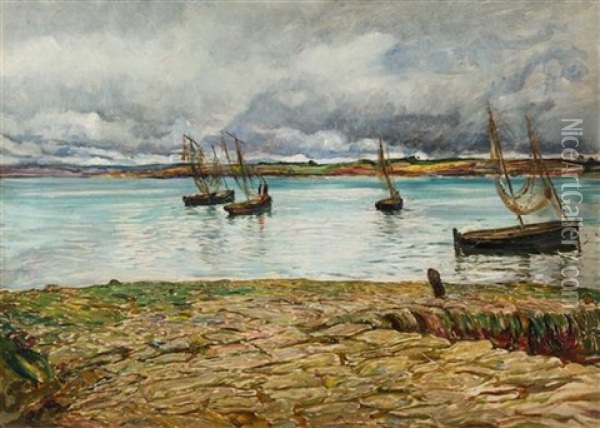 River Landscape With Boats Oil Painting - Robert Walker Macbeth
