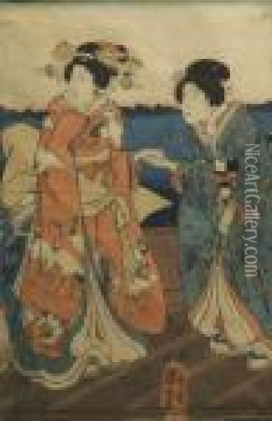 Two Ladies On A Bridge Oil Painting - Utagawa Kuniyoshi