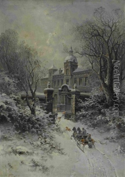 Pferdeschlitten An Der Einfahrt Zu Einem Winterlichen Palastgarten Oil Painting - Jaroslav Friedrich Julius Vesin
