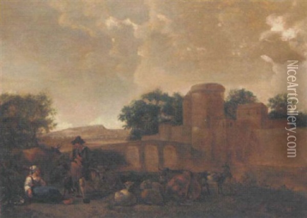 A Shepherd And Shepherdess Resting Near A Fortified Town Oil Painting - Govert Dircksz Camphuysen