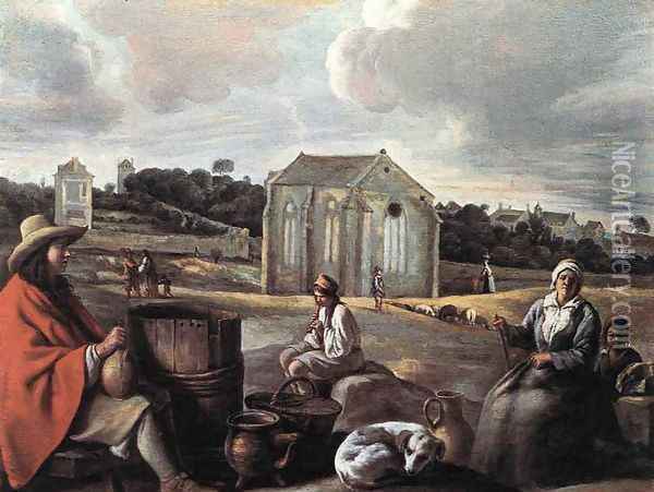Landscape with Peasants and a Chapel Oil Painting - Le Nain Brothers