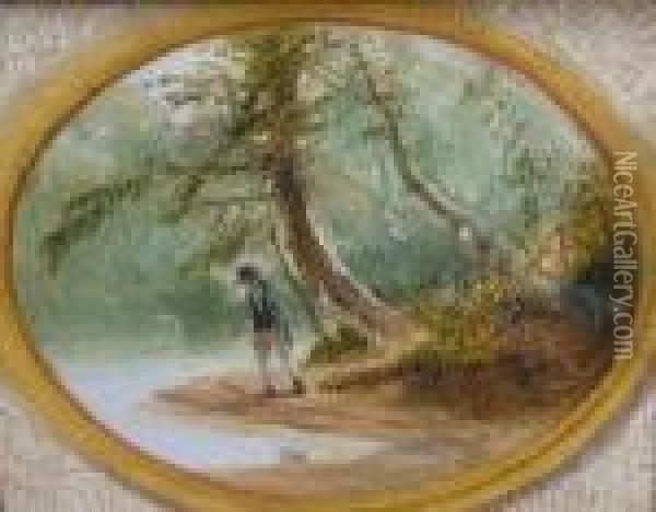 Fisherman In A Tranquil River Scene Oil Painting - James Baker Pyne