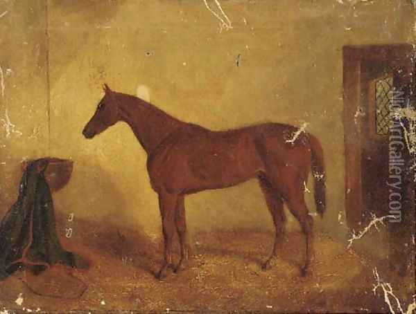 A chestnut racehorse in a stable Oil Painting - Albert Clark