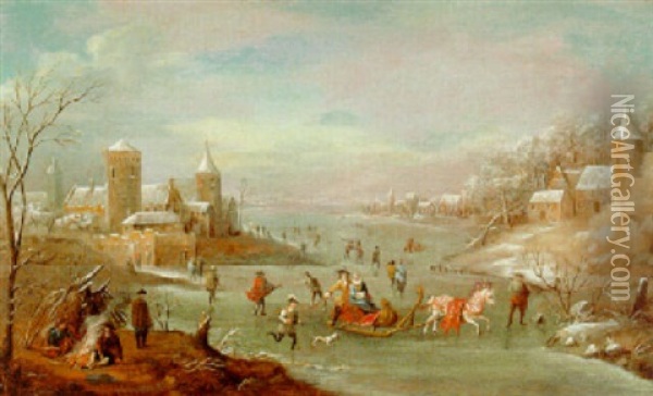 Horse-drawn Sleigh And Skaters On A Frozen River By A Village Oil Painting - Robert Griffier
