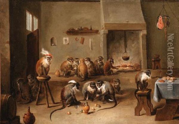 A Singerie: Monkeys Drinking And Eating In A Tavern Interior Oil Painting - David The Younger Teniers