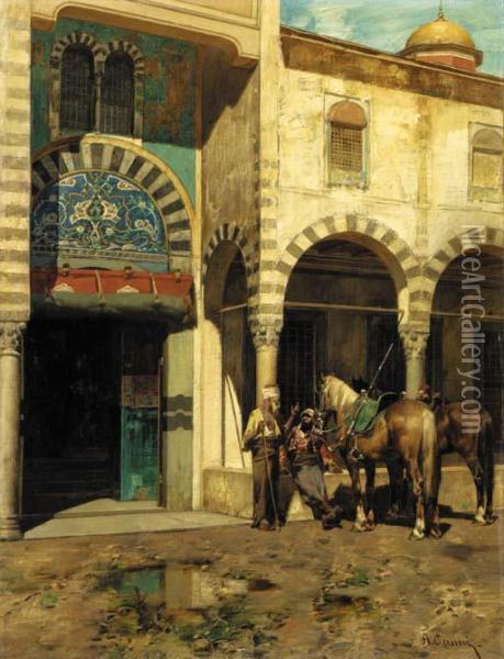 A Rest Outside Of The Mosque Oil Painting - Alberto Pasini
