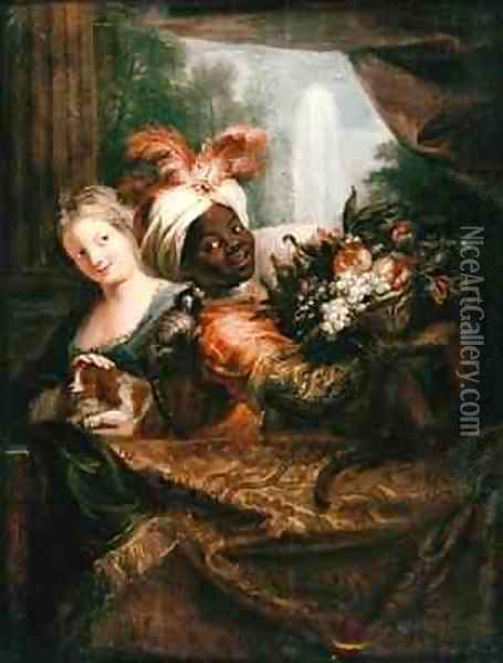Young Black Man Holding a Basket of Fruit and a Young Girl Stroking a Dog Oil Painting - Antoine Coypel