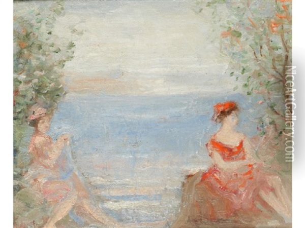Two Ladies Seated Beside Trees With The Sea Beyond Oil Painting - Charles Conder