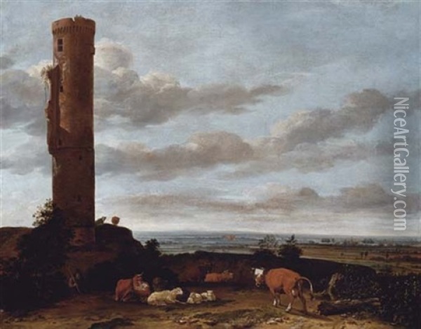 A Shepherd With Cattle And Sheep By A Tower, In A Panoramic Landscape Oil Painting - Anthonie Van Borssom