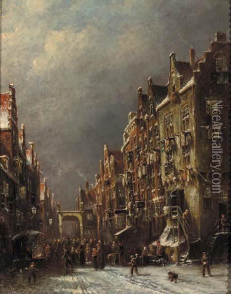 A Busy Market In Winter Oil Painting - Pieter Gerard Vertin