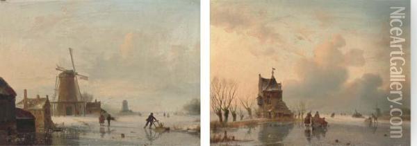Skaters On A Dutch Waterway By A Windmill; And Skaters By A Riverside Cottage Oil Painting - Jacobus Freudenberg