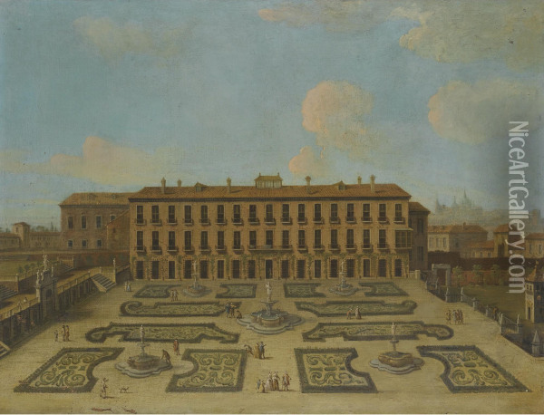 View Of A Palace, Possibly The Palacio Riofrio In Segovia, With Figures Promenading In The Formal Gardens Oil Painting - Francesco Battaglioli