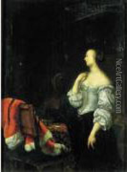 Femme Devant Un Miroir Avec Une Servante Oil Painting - Frans van Mieris