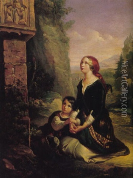 Vor Einem Marterl Am Wegrain Kniet Eine Junge Mutter Mit Kind Oil Painting - Carl Adolf Gugel