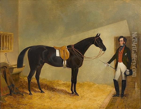 A Gentleman With His Hunter Miller, In A Stable Oil Painting - John Frederick Herring Snr