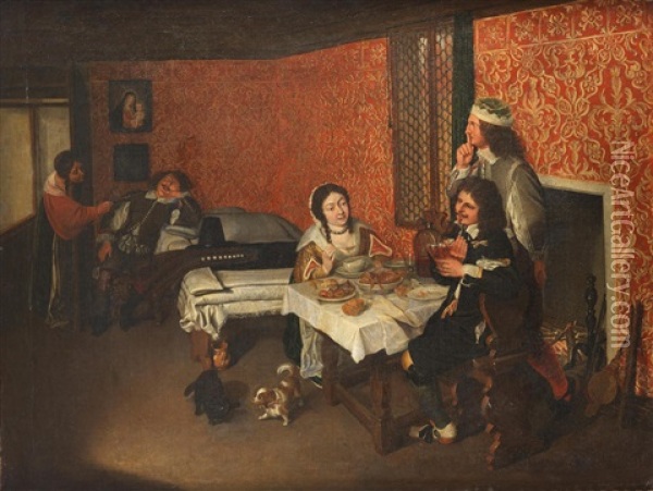 An Elegant Interior With Figures Eating And Drinking, A Sleeping Man Being Woken By A Maid Beyond Oil Painting - Wolfgang Heimbach