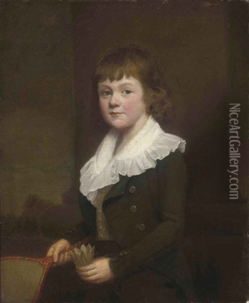 Portrait Of A Young Boy (george Edward Russell (1786-1863)?) In A Green Jacket And White Shirt, Before A Column, Holding A Battledore... Oil Painting - George C. Watson