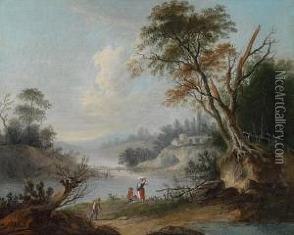 Paesaggio Fluviale Con Lavandaie Oil Painting - Nicolas-Jacques Juliard